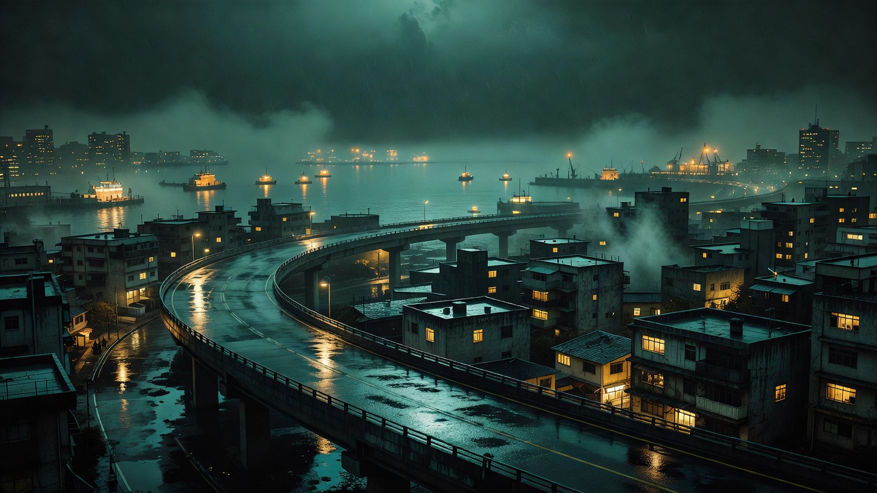 雨夜中的架空沿海城市街景，远处高架桥与港口灯火构成剧集世界观的视觉基调
